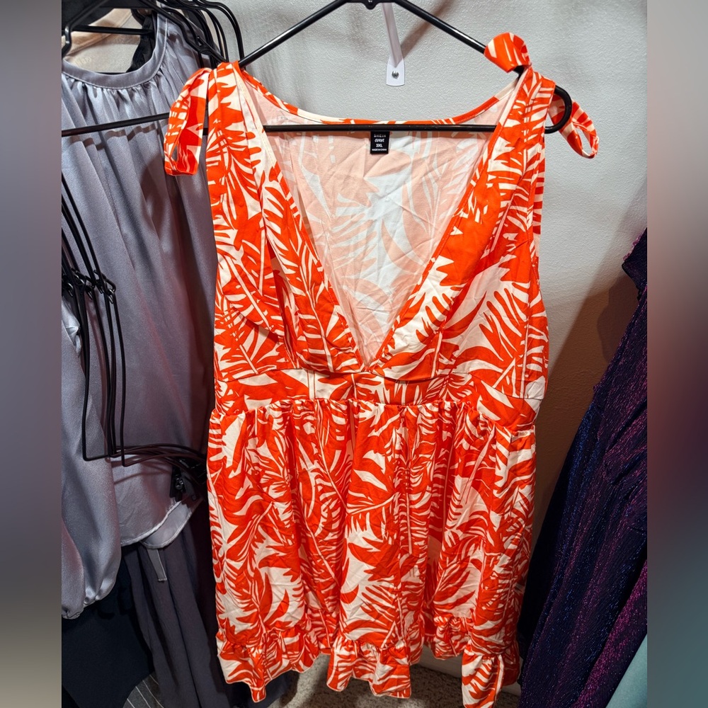 ⚡️SHEIN Curve 3XL Orange Tropical Leaf Print Dress Tie Strap